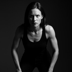 Naklejka premium Determined caucasian female in black tank top staring intently black and white portrait