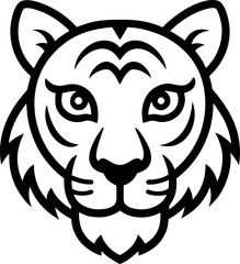 Black Line Art Tiger Face Silhouette with Intense Eyes and Symmetrical Stripes Vector