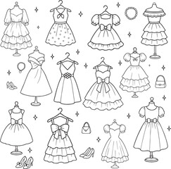 Charming black and white coloring page featuring a collection of elegant princess-style dresses on hangers and mannequins, complete with shoes, handbags,  accessories. Perfect for young fashion lovers