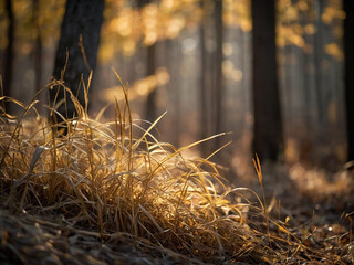 Fototapeta premium A small clearing framed by dry autumn grass and golden foliage under soft sunlight at the edge of a calm forest captured with blurred bokeh background for seasonal depth and peaceful