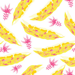 yellow bean pods with pink flowers seamless pattern. yellow bean pods with pink striations vector seamless pattern. Good for textile, fabric, decorations, tiles, prints and more.