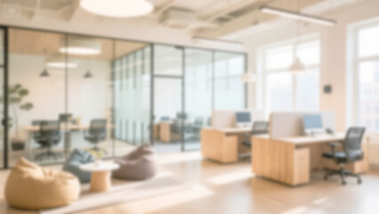 Blurred smart coworking hub interior featuring light-filled spaces and retractable glass dividers. Soft focus wide-angle view ideal for modern, flexible virtual work backgrounds.

