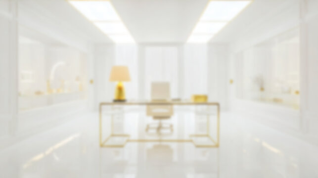 Blurred minimalist luxury office with pristine white interior, sleek glass desk, matte gold accents, and designer lamp. Soft focus wide-angle view ideal for elegant virtual backgrounds.

