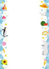 夏をイメージした氷の縦型の左右のフレームイラスト_青
