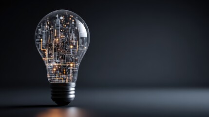 Stunning photo of light bulb with a complex digital network inside against a dark technological background. Artificial intelligence and Innovative technology concept.
