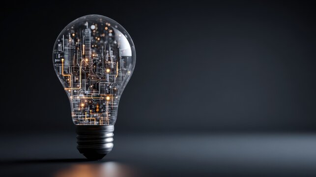 Stunning photo of light bulb with a complex digital network inside against a dark technological background. Artificial intelligence and Innovative technology concept.