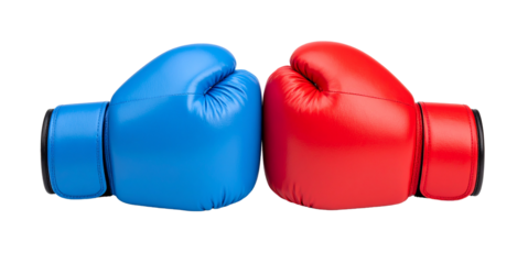 Red and blue boxing gloves facing each other on transparent background