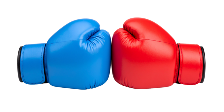 Red and blue boxing gloves facing each other on transparent background