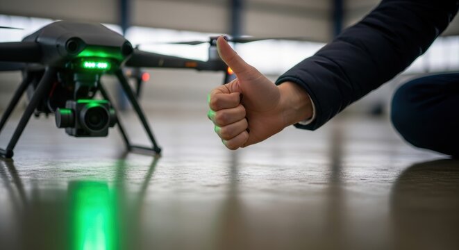 Thumbs up gesture next to drone with camera on warehouse floor