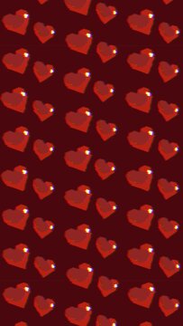 Looping pixelated red hearts on a dark background with subtle VHS-style glitch effects, color fringing, and digital noise. Retro, lo-fi digital aesthetic with nostalgic vibes. Vertical format.