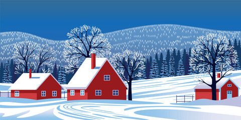 Winter landscape with snow-covered trees and farmhouses in the first plan and pine forest on hills under snow in the background. Trendy handmade drawing vector illustration.	