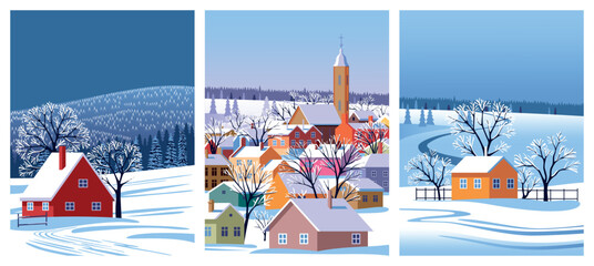 Vector Set of 3 winter season landscapes. Farm village houses and small town under snow in the first plan, and forest under snow in the background. Handmade drawing vector illustration.	