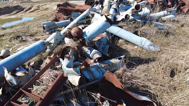 Remains of exploded ammunition, shells of multiple launch rocket systems. Rockets, mines, cartridges, shells, aerial bombs, multiple launch rocket systems that were used during the armed conflict