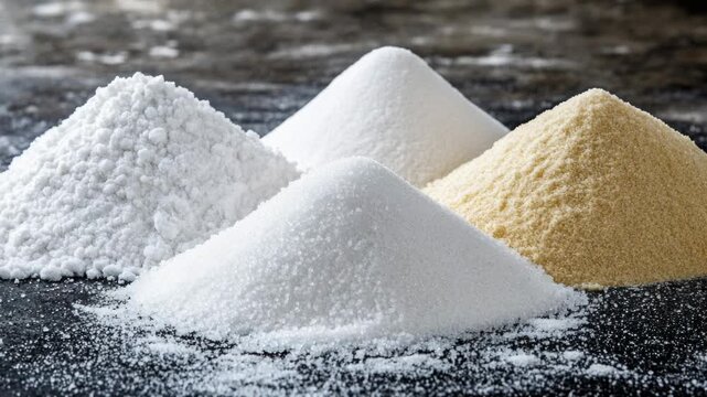 Three stacks of granulated sugar in different colors