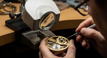 Close-up of precision watchmaking by skilled artisan using magnifying lens