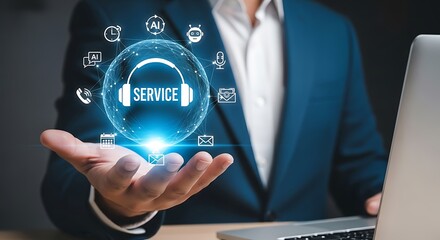 Businessman holding a glowing holographic sphere with headphones and service icons