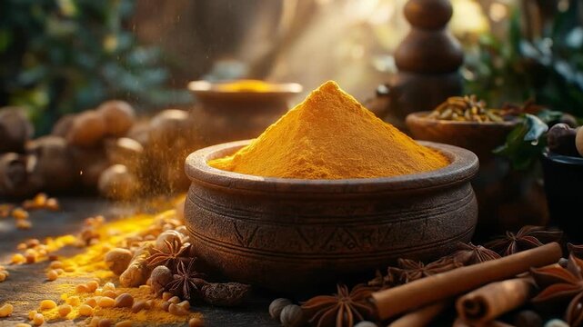 Spice Symphony: A curated collection of aromatic spices, bathed in the soft glow of sunlight. Showcasing the vibrant textures and warm hues of culinary treasures.