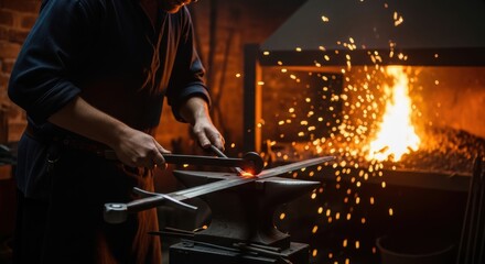 Caucasian male blacksmith forging iron in workshop with sparks flying