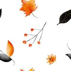 Seamless watercolor pattern with abstract flowers, rowan branches, maple leaves, and black leaves on white background. Hand-painted autumn botanical design for textiles, wrapping, and prints