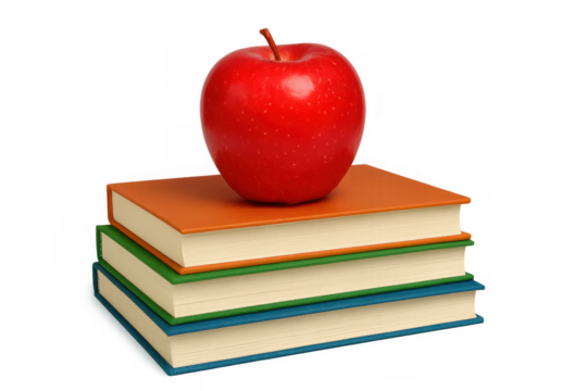 Ripe apple resting on colorful book stack, highlighting learning potential against clean white background