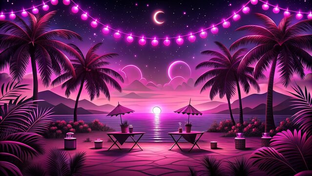 A tropical beach scene is illuminated by pink string lights under a starry night sky