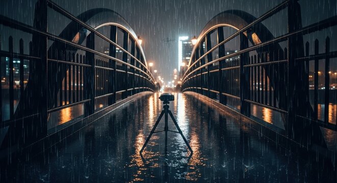 Camera on tripod capturing night rain on bridge with glowing city lights