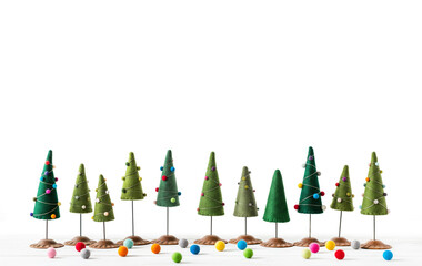 Weihnachtlicher Hintergrund: Reihe dekorativer Weihnachtsbäume mit bunten Kugeln auf weißem Hintergrund   © Lifeisbeautiful