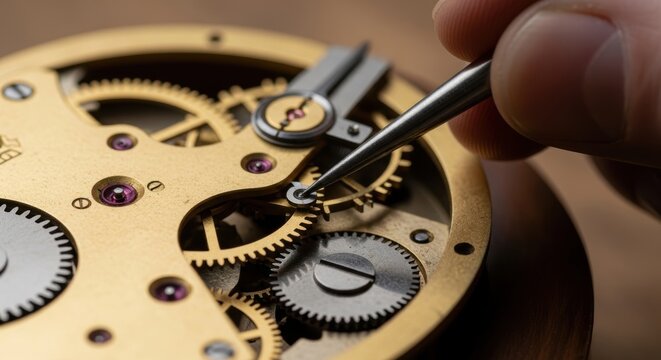Close-up of intricate watch mechanism with precision tools
