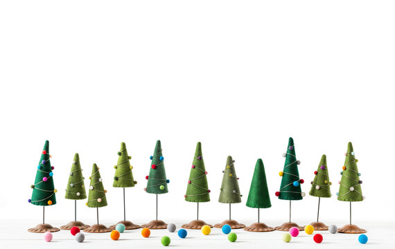 Weihnachtlicher Hintergrund: Reihe dekorativer Weihnachtsb&auml;ume mit bunten Kugeln auf wei&szlig;em Hintergrund

