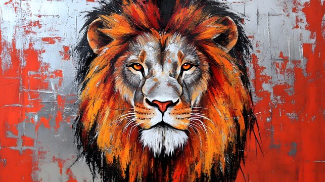 Fierce Lion Portrait Painting Red Orange Silver Abstract Art - Powered by Adobe