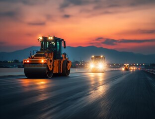 Road Roller Flattening Fresh Asphalt at Sunset with Glowing Reflections and Blurred Tractors in Background – Heavy Machinery in Evening Construction Scene