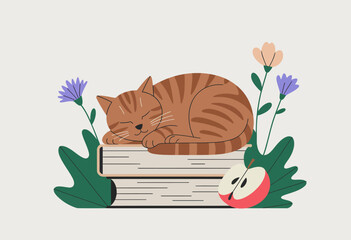 A tranquil scene of a sleeping striped cat nestled on a stack of books surrounded by flowers and an apple, evoking feelings of comfort and serenity in a cozy setting.