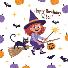 A playful and vibrant illustration featuring a young witch flying on her broomstick accompanied by a cat, set amidst festive pumpkins for a whimsical birthday celebration theme.