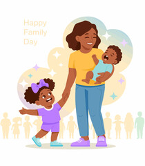 This vibrant illustration showcases a joyful mother holding her child while another child happily points, celebrating Family Day with warmth and happiness in a cheerful environment.