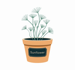 A beautifully illustrated potted sunflower plant featuring delicate green stems, radiating a sense of growth, life, and the joy of nurturing nature in a charming style.