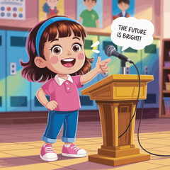 A cheerful young girl stands confidently at a podium, excitedly declaring that the future is bright, inspiring her peers in a colorful classroom setting.