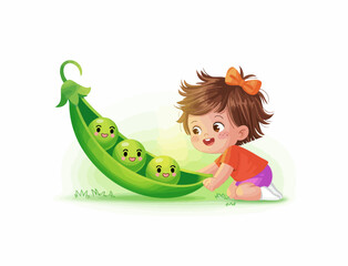 A joyful little girl engages playfully with cheerful peas in a pod, highlighting the wonders of childhood imagination and the delight found in simple moments of play.