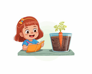 A joyful young girl happily writing in her notebook beside a thriving carrot plant in a clear glass container, showcasing the joys of gardening and nature.