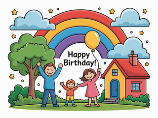 A happy family celebrating a birthday outdoors with colorful balloons and a vibrant rainbow, depicting love, joy, and the essence of togetherness on special occasions.