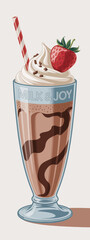 This image showcases a delectable chocolate milkshake topped with fresh cream and a strawberry, served in a glass with a straw, perfect for adding joy to any dessert experience.