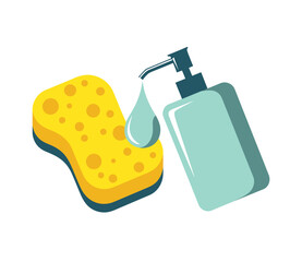 This image showcases a bright yellow sponge next to a bottle of soap, with a drop of liquid hovering in the air, representing cleaning and hygiene essentials in everyday life.