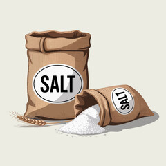 An engaging illustration of two textile bags labeled 'Salt,' with one spilling its contents, highlighting the item in an artistic, clear style designed for food-related contexts or culinary art.