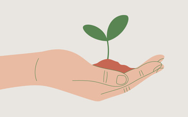 A hand cradling a young plant sprouting from rich soil, symbolizing growth, care, and the nurturing relationship between humans and nature, perfect for environmental themes.