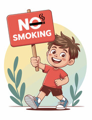A joyful young boy is holding a vibrant 'No Smoking' sign, advocating for a smoke-free environment while showcasing innocence and enthusiasm for health.