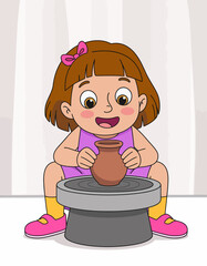A young girl joyfully shapes clay on a pottery wheel in this engaging illustration, reflecting creativity and the hands-on joy of crafting unique pottery pieces.