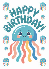 A delightful birthday card featuring a smiling jellyfish in vibrant colors, perfect for adding a fun touch to any birthday celebration or event. Ideal for kids!