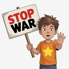 An illustration of a young boy holding a 'Stop War' sign, representing innocence and a heartfelt plea for peace and understanding in a conflict-driven world.