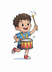 A cheerful young boy is joyfully playing a drum, showcasing his love for music and rhythm while running energetically, embodying childhood spontaneity and creativity.
