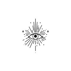 Minimalist eye design emits rays in esoteric symbol on white background