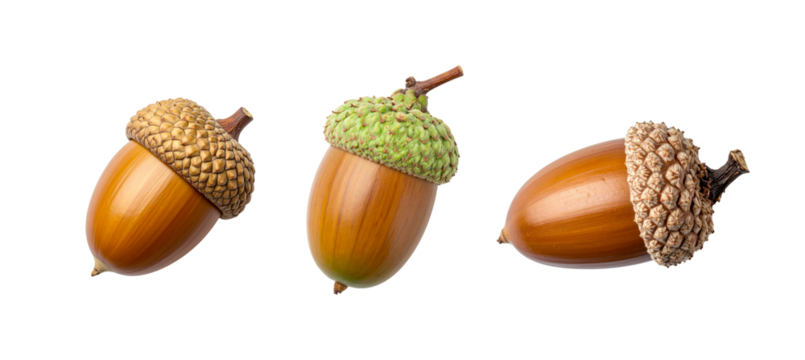 Three acorns showing different stages of ripeness on transparent background